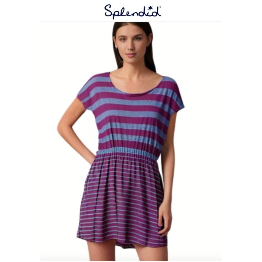 Splendid Purple Blue Striped Casual Cotton Modal T-Shirt Mini Flare Dress SZ S